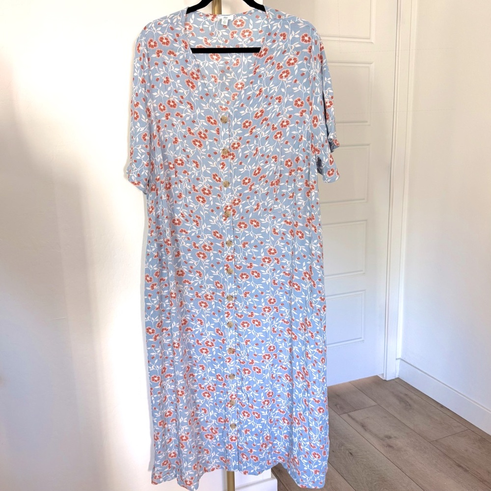 NWOT Cottagecore Prairie Midi Dress 3X Plus Size Button Front V-Neck Floral Blue